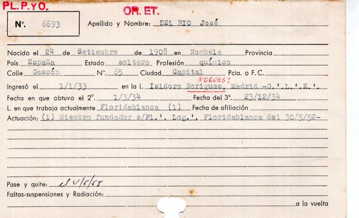 Ficha de miembro de José Del Rio.