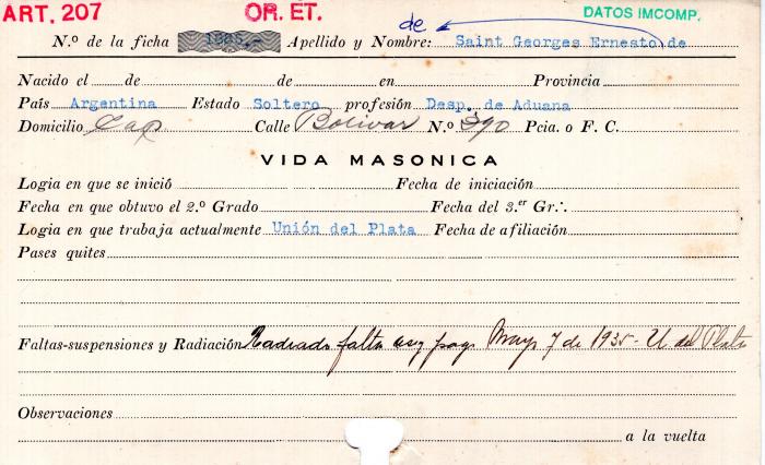 Ficha de miembro de Ernesto De Saint Georges.