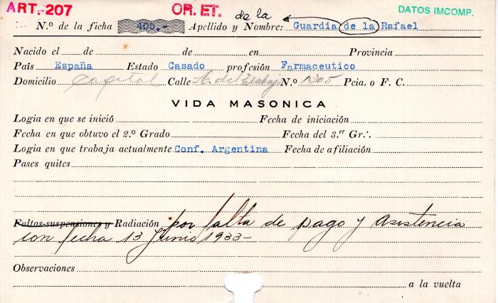 Ficha de miembro de Rafael De la Guardia.