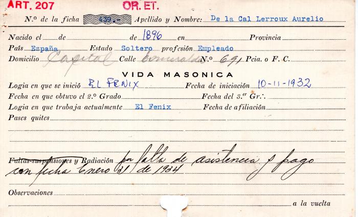 Ficha de miembro de Lerroux Aurelio De La Cal.