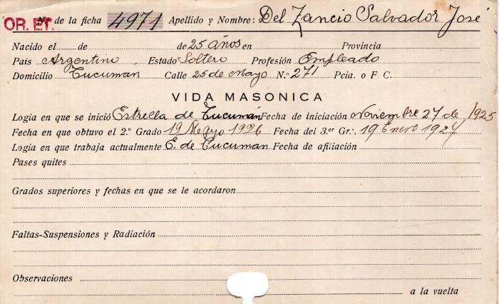 Ficha de miembro de Salvador José Del Zancio.