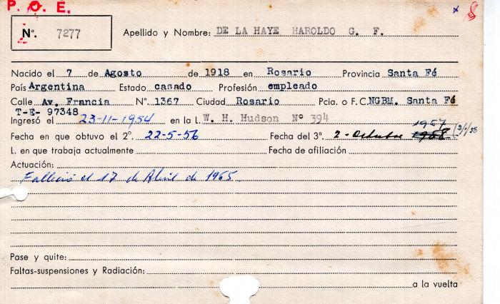 Ficha de miembro de Haroldo G. F. De la Haye.