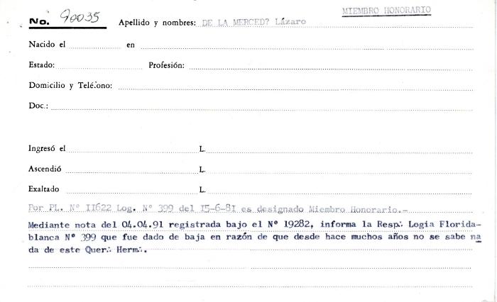 Ficha de miembro de Mariano De la Cruz.