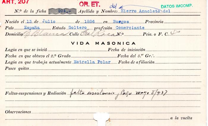 Ficha de miembro de Anacleto Del Hierro.