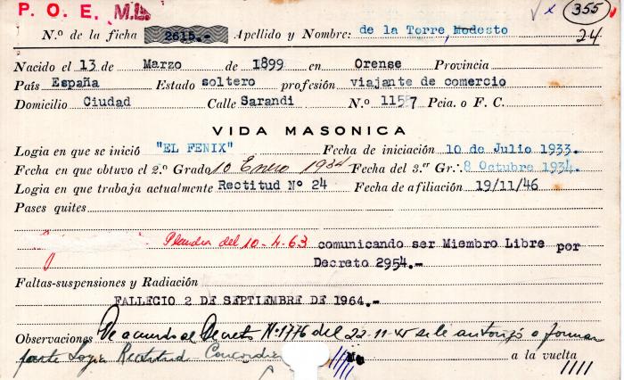 Ficha de miembro de Modesto De la Torrre.