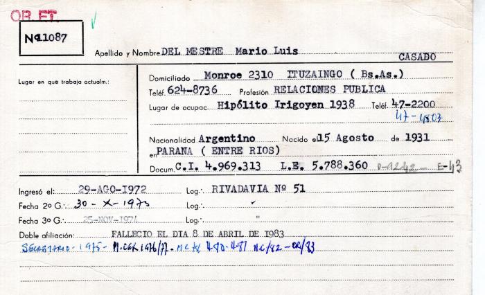Ficha de miembro de Mario Luis Del Mestre.