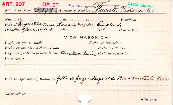 Ficha de miembro de Pedro De la Fuente.