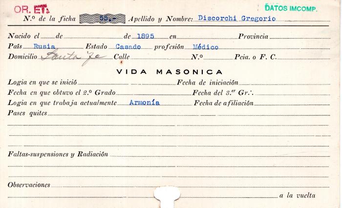 Ficha de miembro de Gregorio Discorchi.