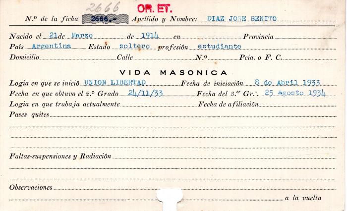 Ficha de miembro de José Benito Diaz.