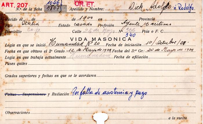 Ficha de miembro de Adolfo Dick.