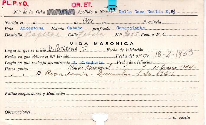 Ficha de miembro de Emilio E. M. Della Casa.