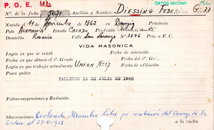 Ficha de miembro de Federico Diessing.