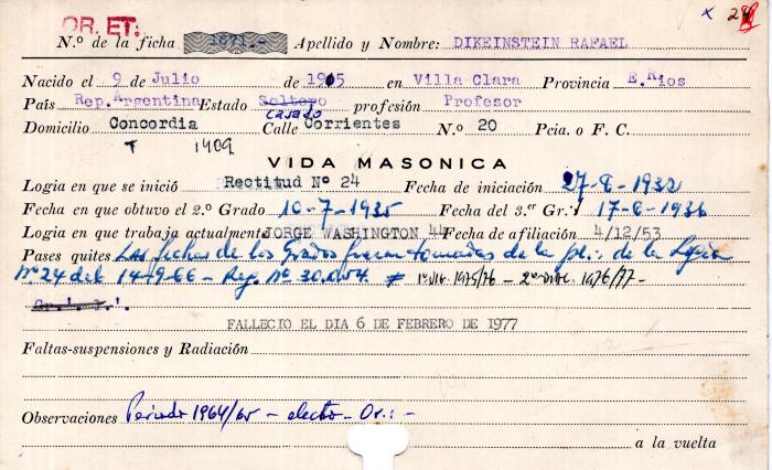 Ficha de miembro de Rafael Dikeinstein.