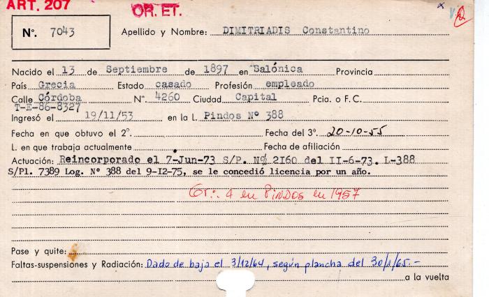 Ficha de miembro de Constantino Dimitriadis.
