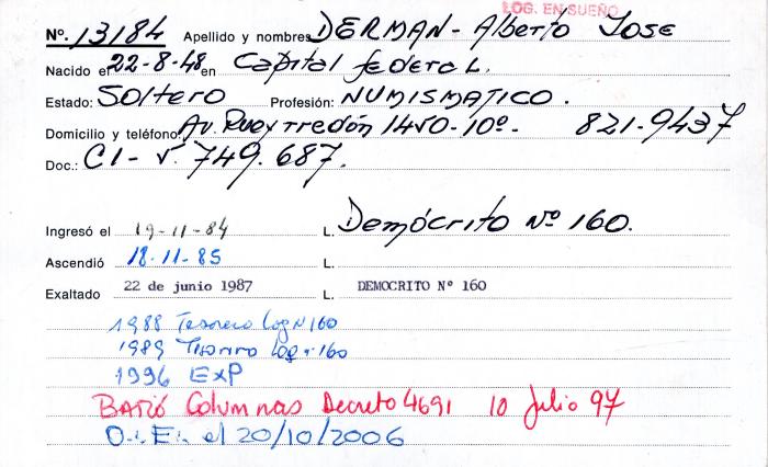 Ficha de miembro de Alberto José Derman.