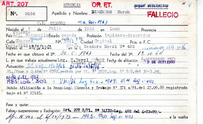 Ficha de miembro de Ezrah Direktor.
