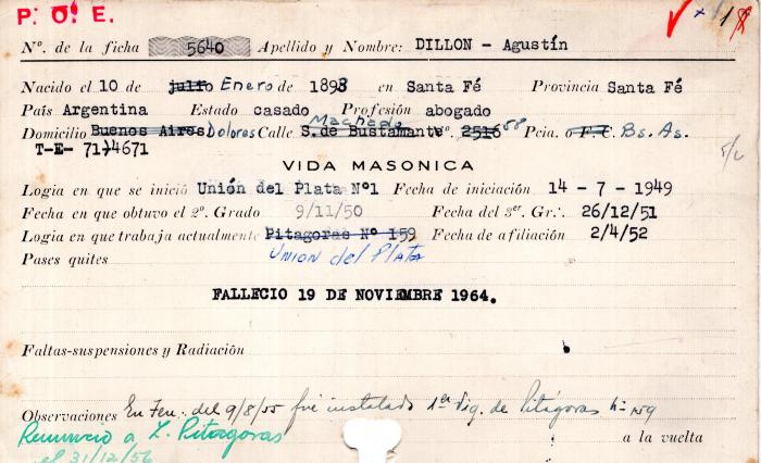Ficha de miembro de Agustín Dillon.