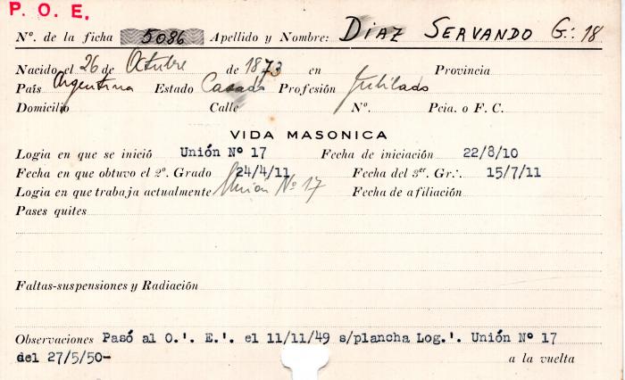 Ficha de miembro de Servando Diaz.