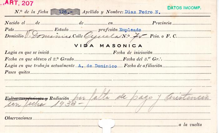 Ficha de miembro de Pedro N. Diaz.
