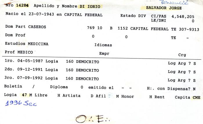 Ficha de miembro de Salvador Jorge Di Iorio.