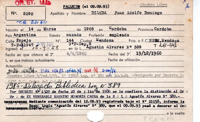 Ficha de miembro de Juan Adolfo Domingo Dianda.