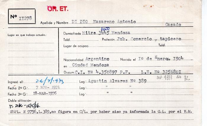 Ficha de miembro de Nazareno Antonio Di Dio.