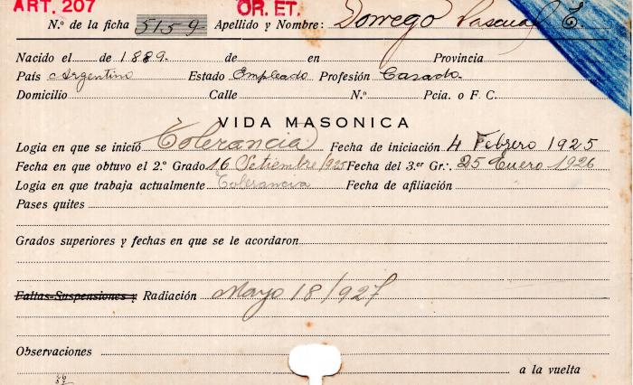 Ficha de miembro de Pascual E. Dorrego.