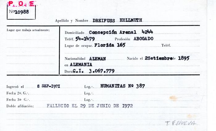 Ficha de miembro de Hellmuth Dreifuss.