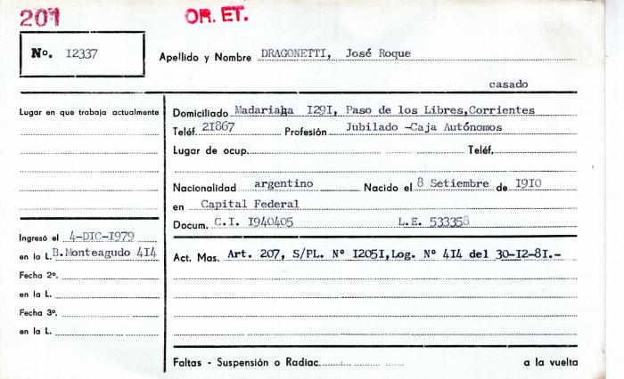 Ficha de miembro de José Roque Dragonetti.