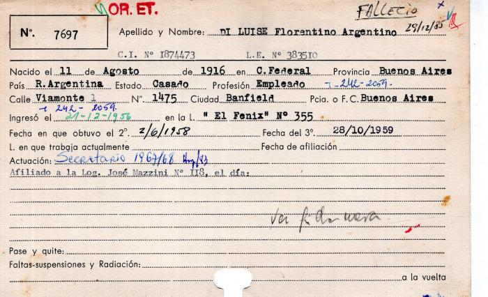 Ficha de miembro de Florentino Argentino Di Luise.