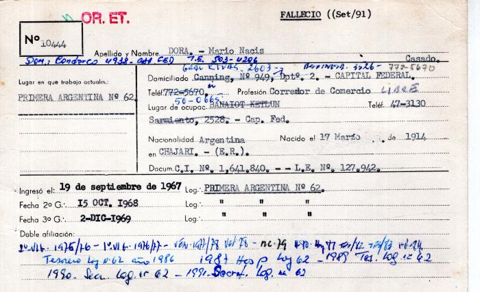 Ficha de miembro de Mario Nacis Dora.