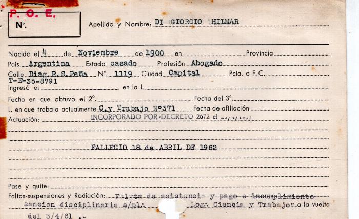 Ficha de miembro de Hilmar Di Giorgio.