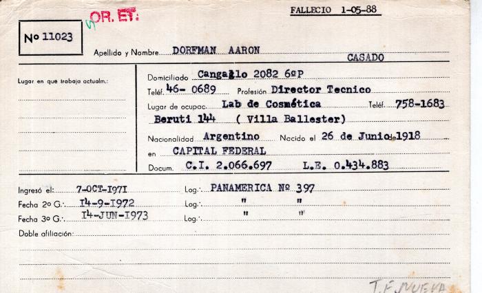 Ficha de miembro de Aaron Dorfman.