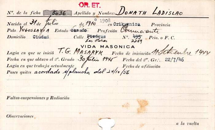 Ficha de miembro de Ladislao Donath.