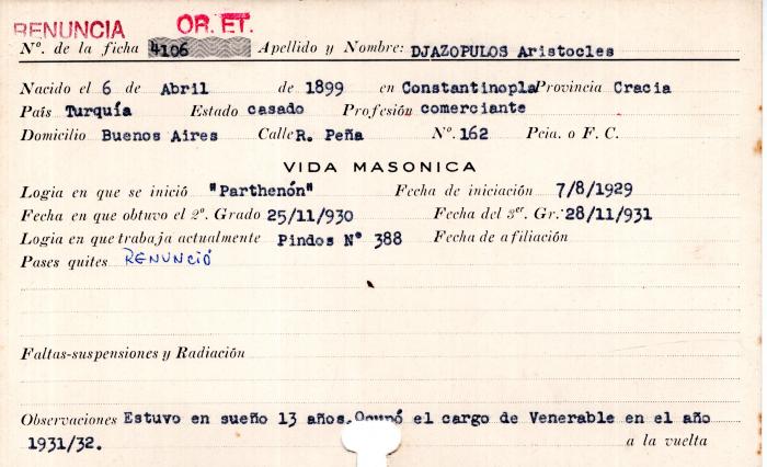 Ficha de miembro de Aristocles Djazopulos.