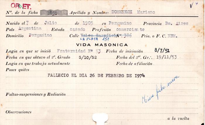 Ficha de miembro de Mariano Domenech.