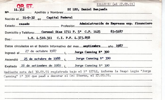 Ficha de miembro de Daniel Benjamín Di Leo.