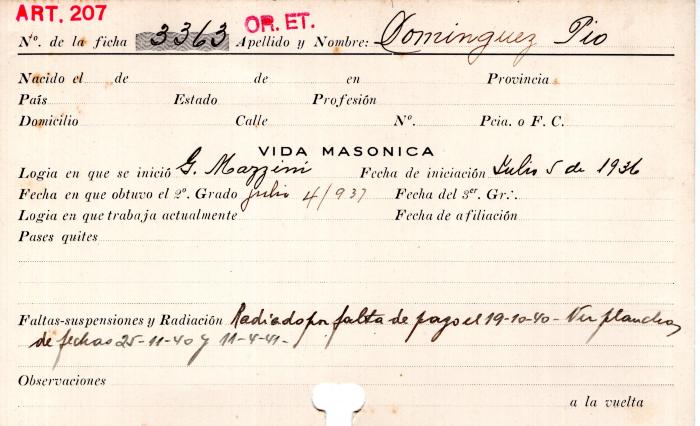 Ficha de miembro de Pio Dominguez.