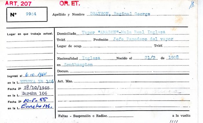 Ficha de miembro de Reginal George Dayson.