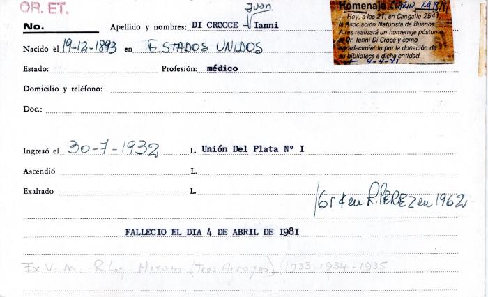 Ficha de miembro de Ianni Di Crocce.
