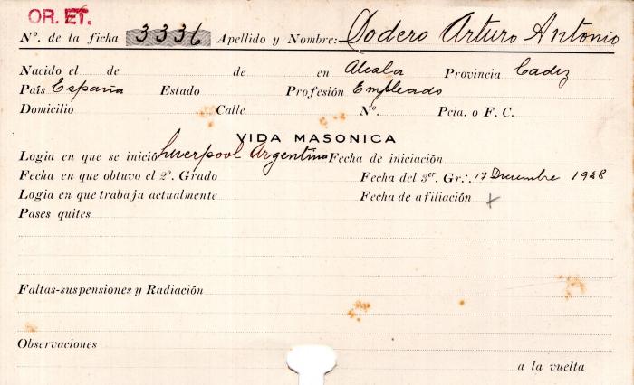 Ficha de miembro de Arturo Antonio Dodero.