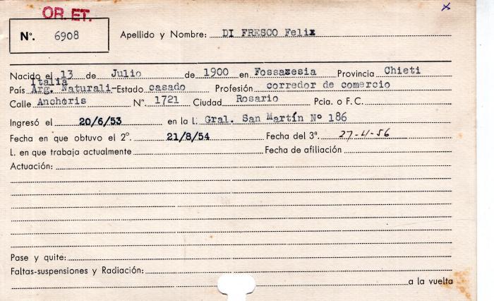 Ficha de miembro de Felix Di Fresco.