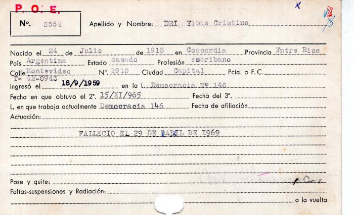 Ficha de miembro de Elbio Cristino Dri.