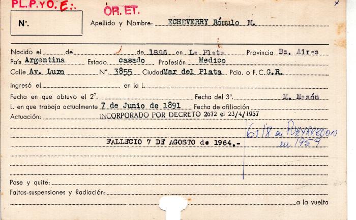 Ficha de miembro de Rómulo M. Echeverry.