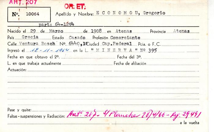 Ficha de miembro de Gregorio Economou.