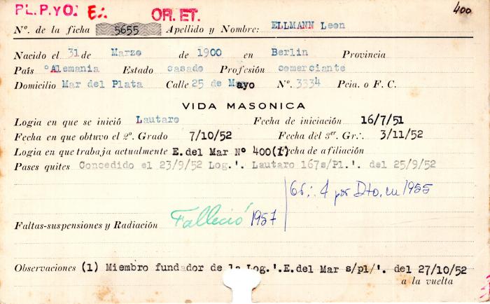 Ficha de miembro de León Ellmann.