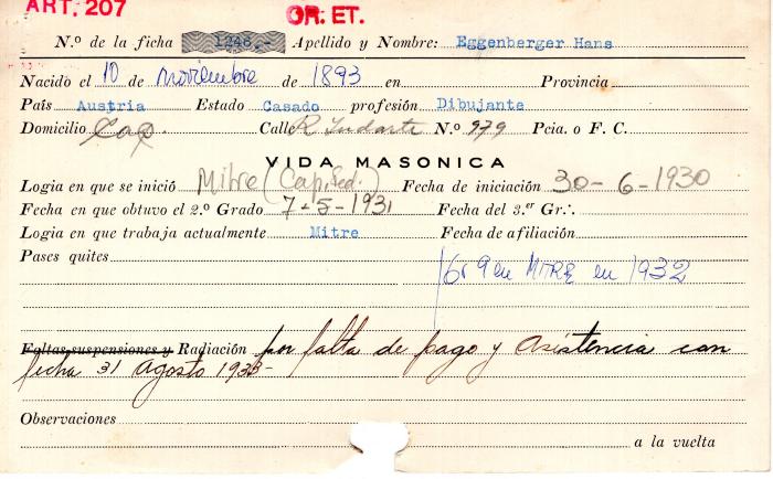 Ficha de miembro de Hans Eggenberger.