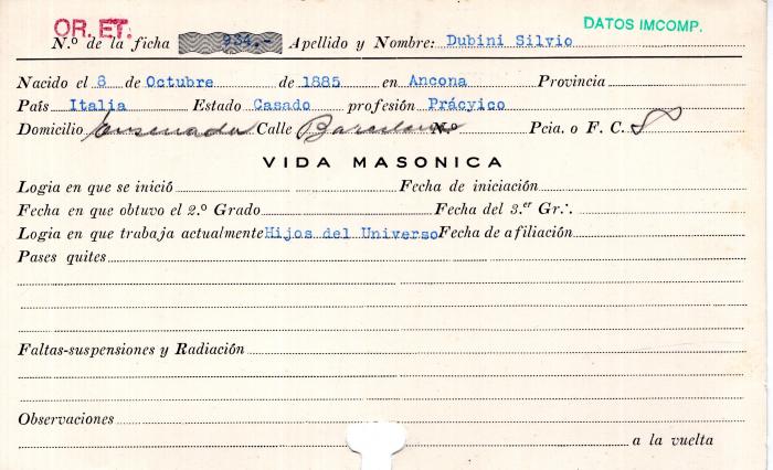 Ficha de miembro de Silvio Dubini.