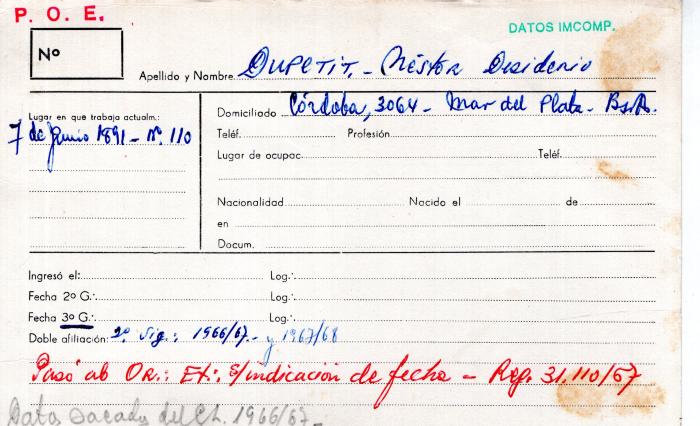 Ficha de miembro de Néstor Desiderio Dupetit.
