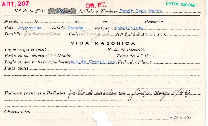 Ficha de miembro de León Pedro Dupit.
